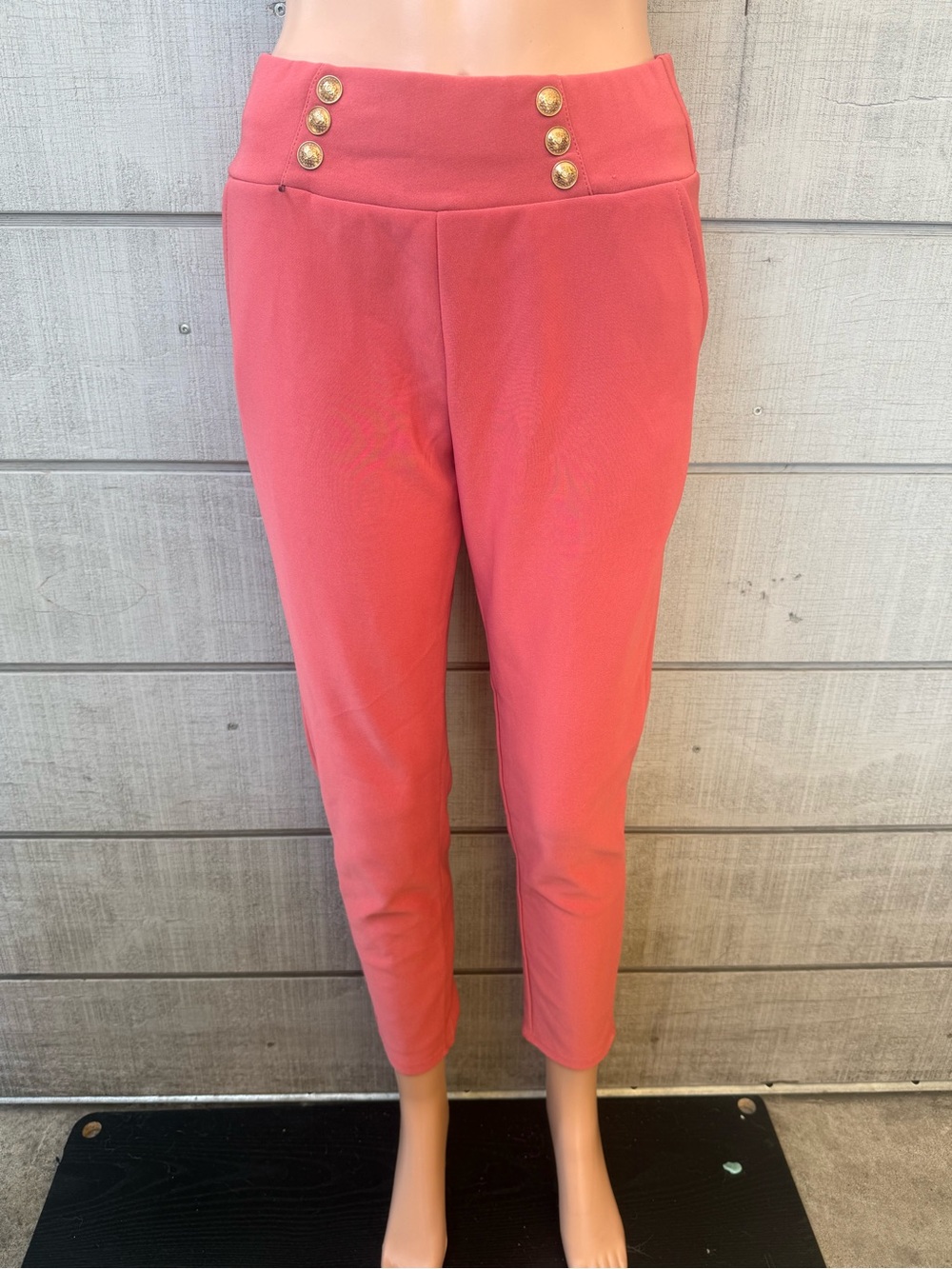Women’s High-Waist Skinny Ponte Pants with Gold Button Detail - Coral size M